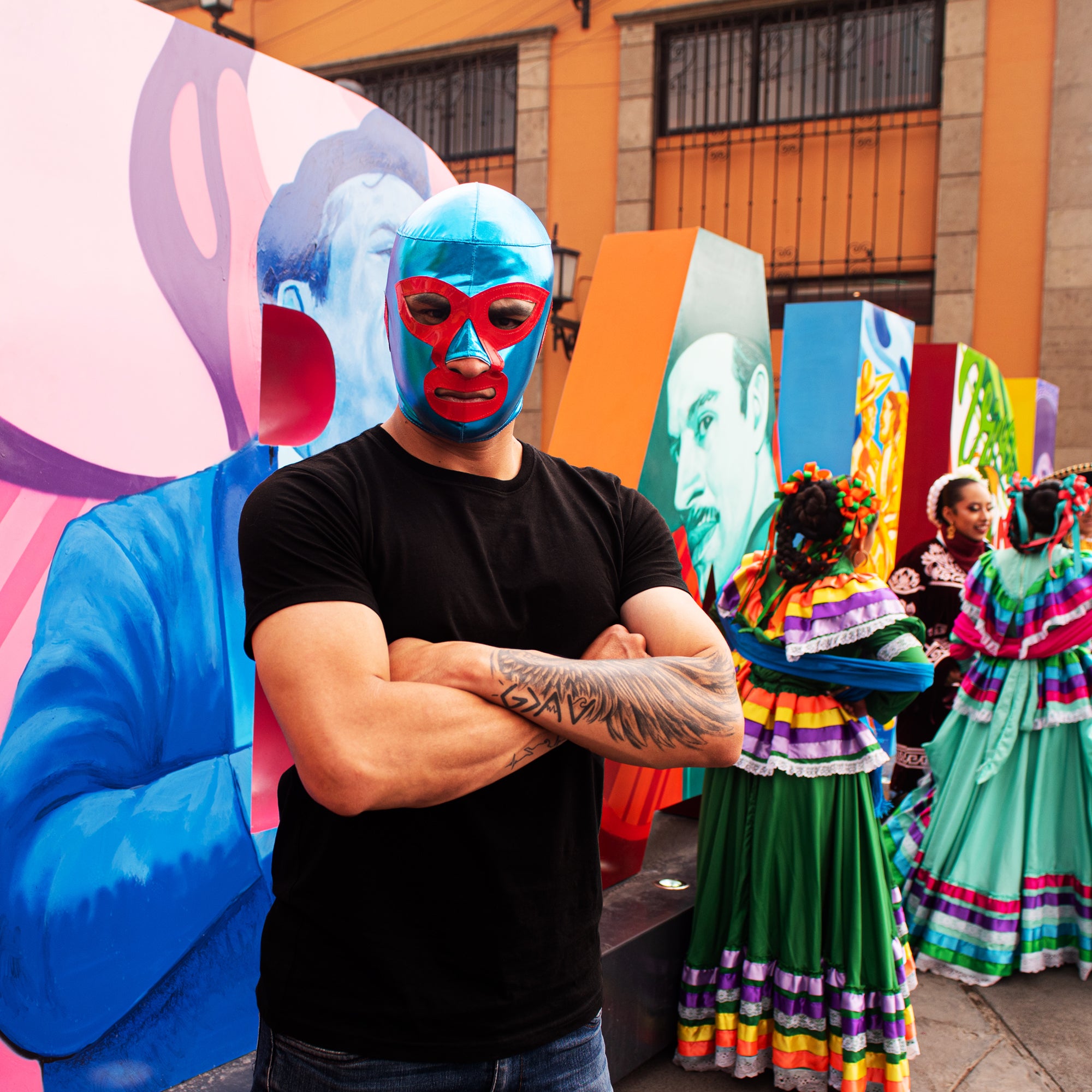 Man Wearing Blue & Red Nacho Libre Mask in Mexico