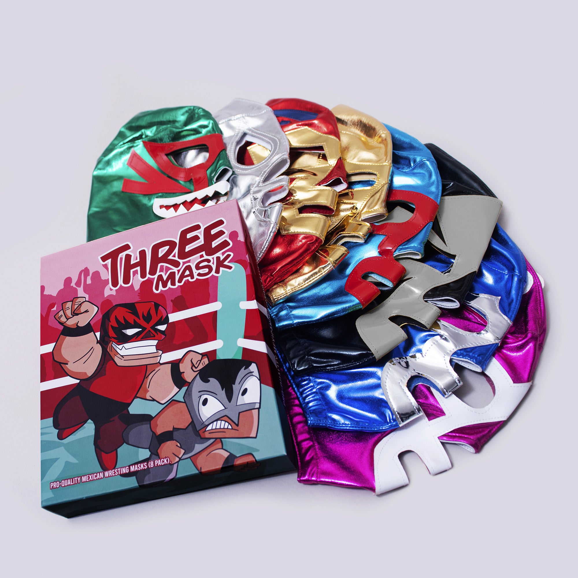 Lucha Libre Party Pack| 8x Mexican Luchador Wrestling Masks | Santo, Ramses, Tiburon, Dr. Wagner, Blue Demon, Nacho Libre, Espanto, Huracan Ramirez | Adult Pro-Fit