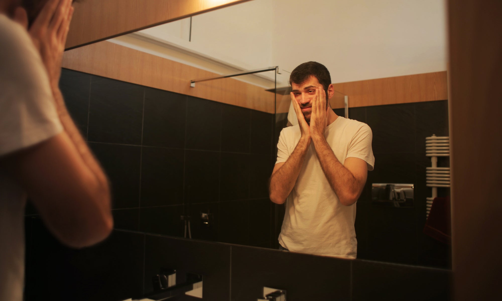 Man Looking Mirror Without Lucha Libre Wrestling Mask On