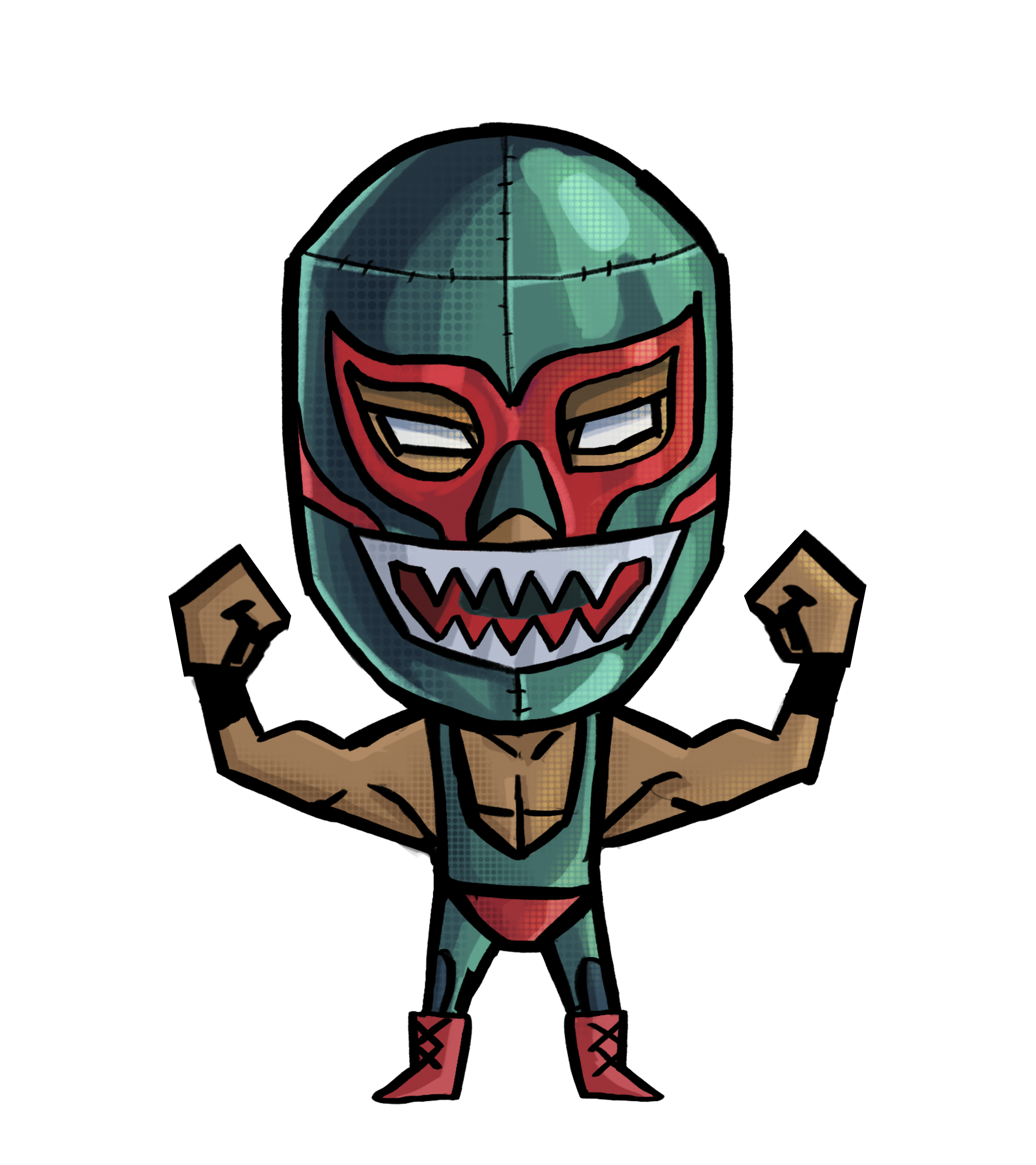 Cartoon of Mil Mascaras Wearing Green Tiburon Luchador Mask