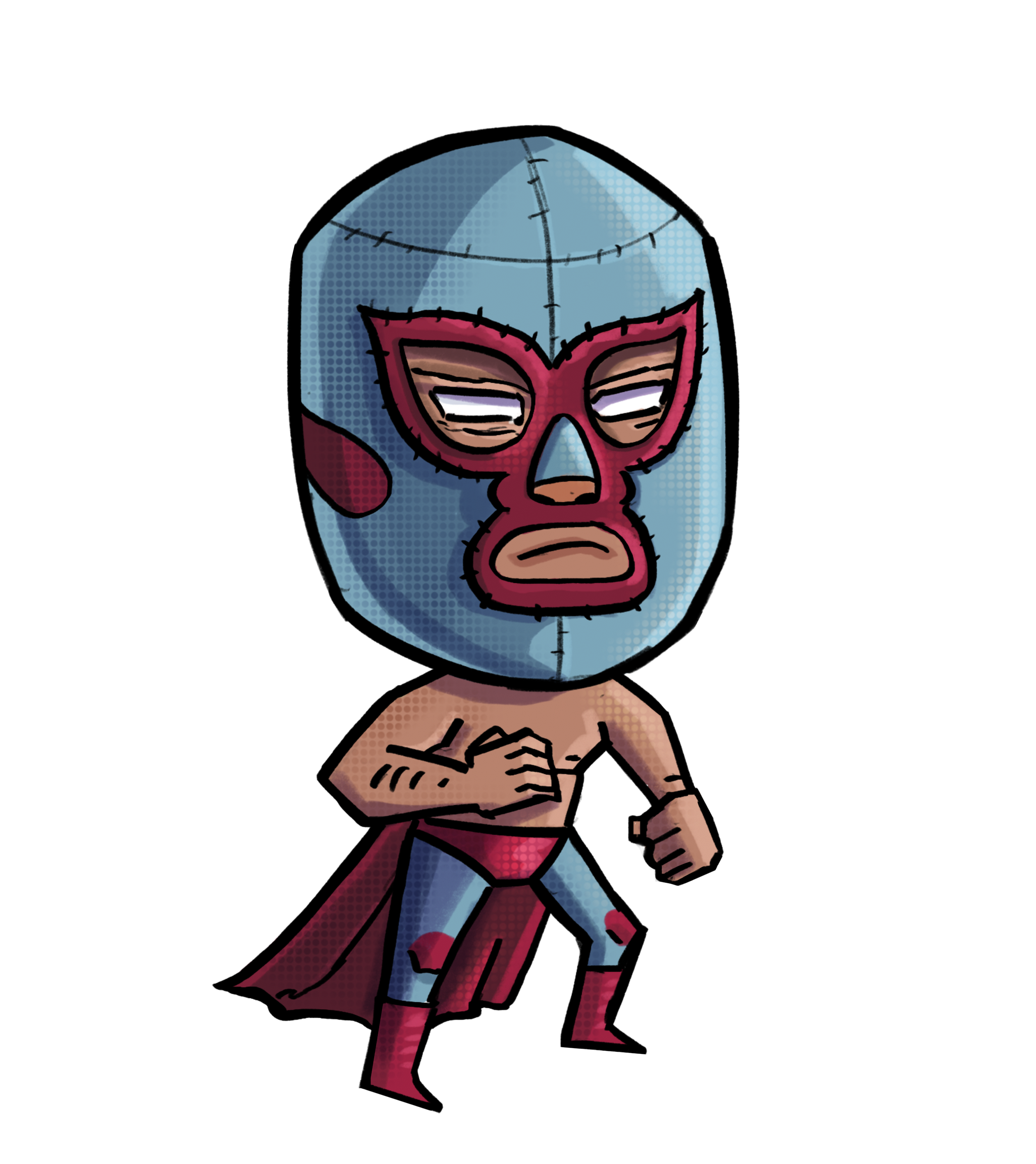 Cartoon of Nacho Libre Wearing Blue & Red Luchador Wrestling Mask
