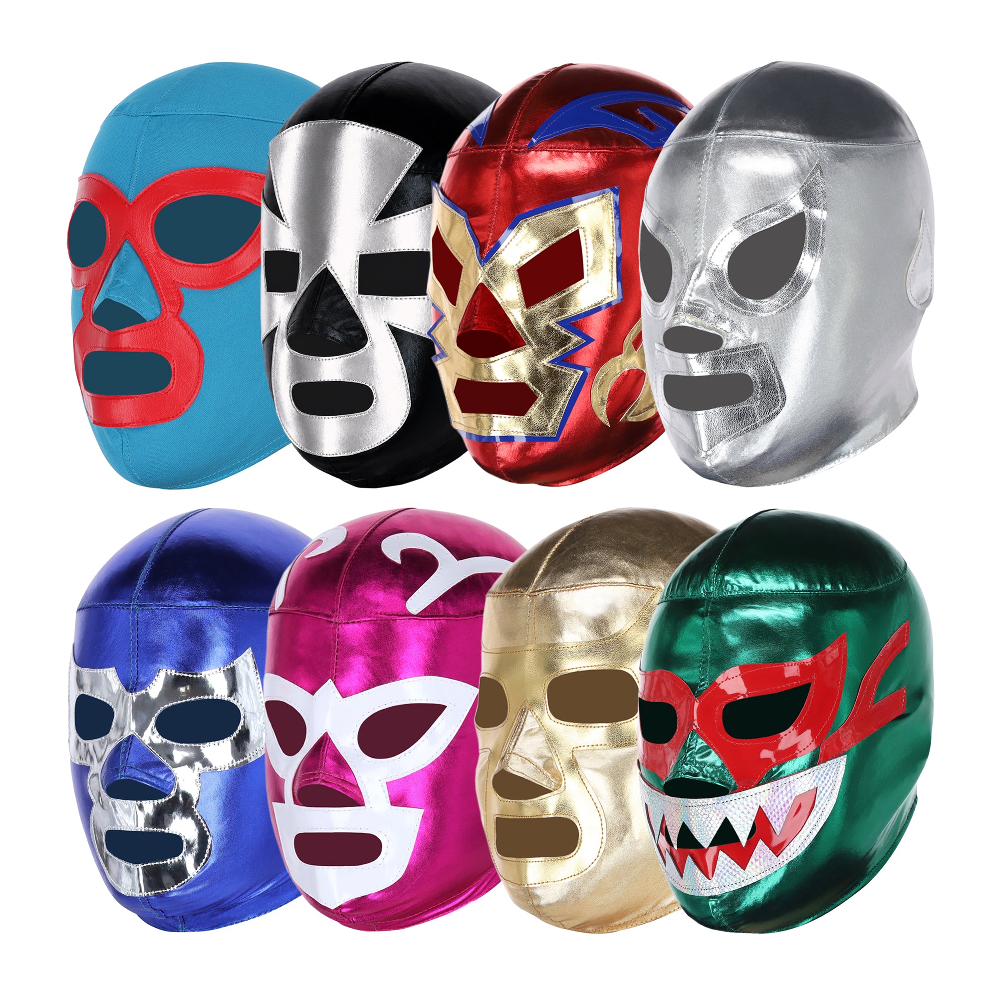 Lucha Libre Party Pack| 8x Mexican Luchador Wrestling Masks | Santo, Ramses, Tiburon, Dr. Wagner, Blue Demon, Nacho Libre, Espanto, Huracan Ramirez | Adult Pro-Fit