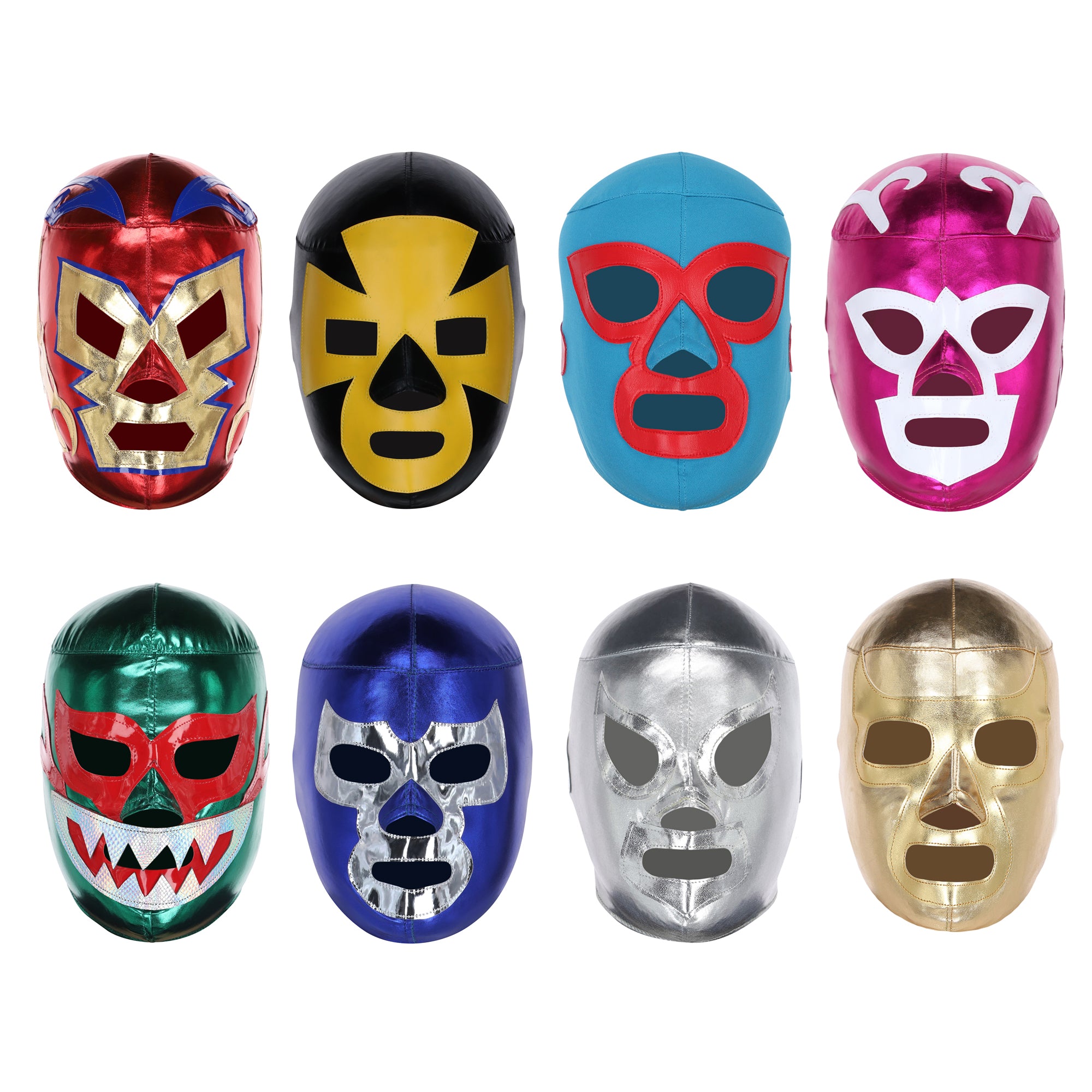 Front View of Eight Luch Libre Masks: Nacho Libre (Blue), Espanto (Black & Yellow), Dr. Wagner (Red), El Santo (Silver), Blue Demon (Blue), Huracan Ramirez (Pink), Ramses (Gold) & Mil Mascaras Tiburon (Green)