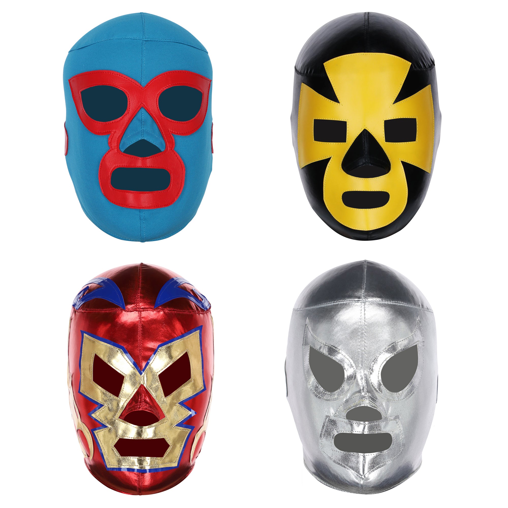 Front View of Four Lucha Libre Masks: Nacho Libre (Blue), Espanto (Black & Yellow), Dr. Wagner Jr. (Red) & El Santo (Silver)