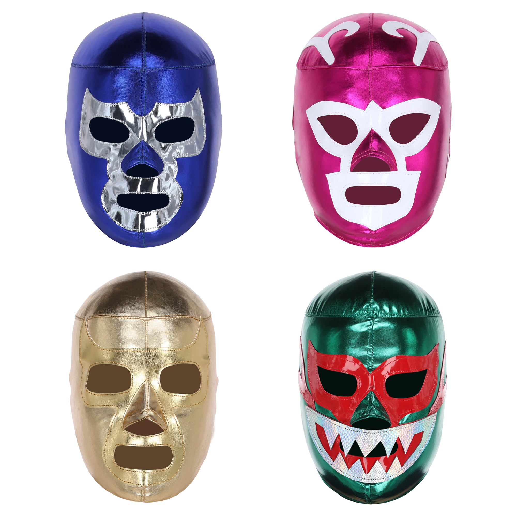 Front View of Four Mexican Wrestling Masks: Blue Demon (Blue), Huracan Ramirez (Pink), Ramses (Gold) & Mil Mascaras Tiburon (Green)