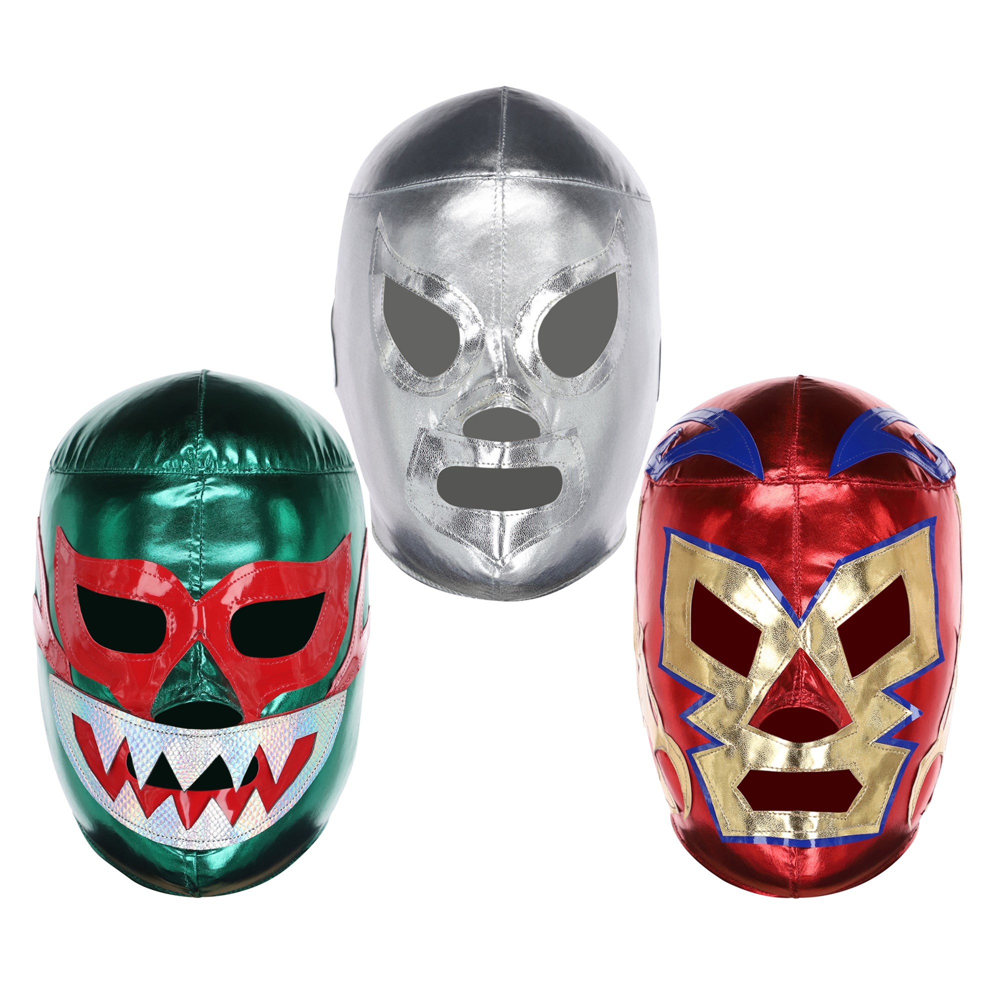 Mil Mascaras, El Santo & Dr. Wagner luchador masks in Green, Silver & Red