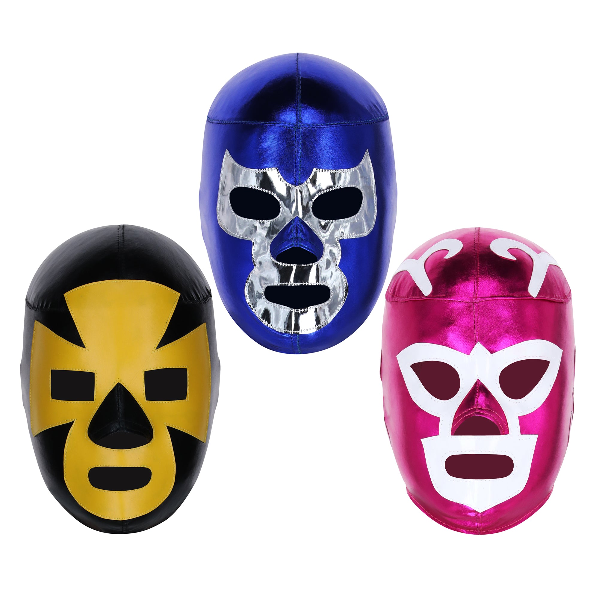 Blue Demon, Espanto & Huracan Ramirez Luchador Masks in Blue, Black & Yellow and Pink- Front View