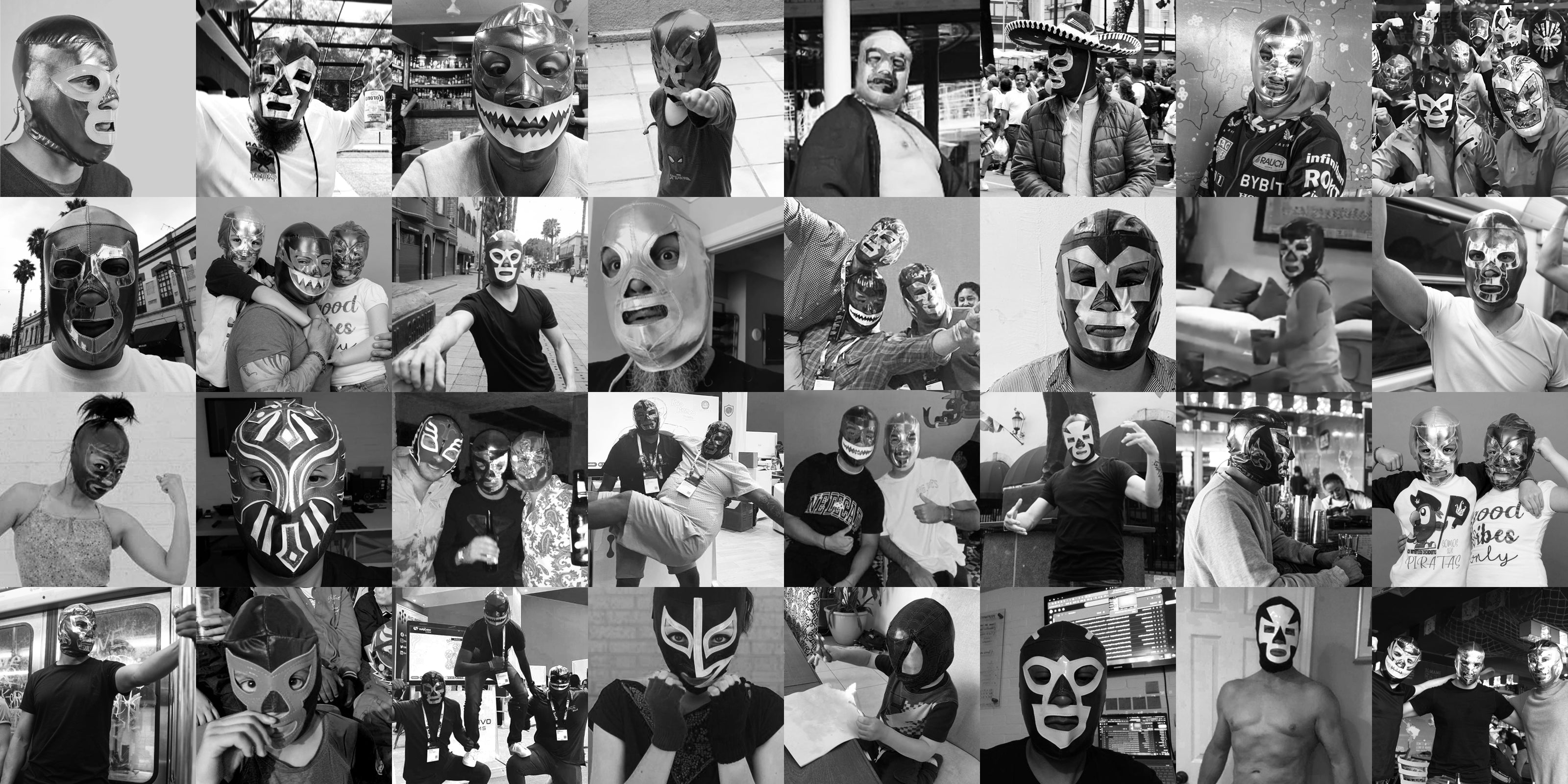 Collage of Customers Wearing Luchador Masks in Real Life Situations