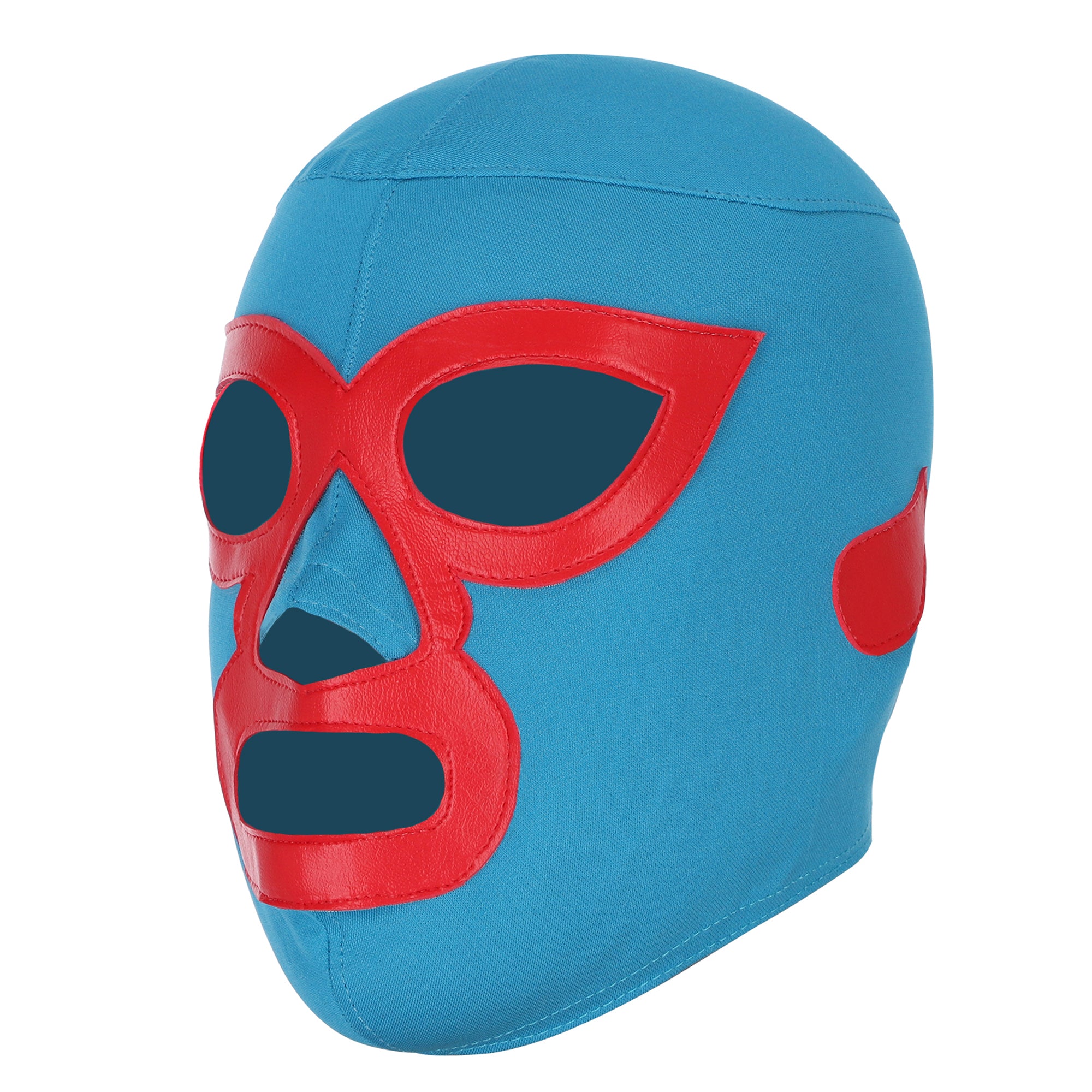 Blue and red nacho libre mask in profile view